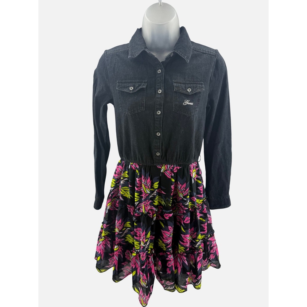 Guess Womens Black‎ Denim Floral Tiered Dress Size 14 Vintage Y2K